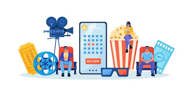 Vettore persone che prenotano poltrone per biglietti del cinema in teatro tramite app mobile film d'arte del cinema online che guardano con secchio per popcorn occhiali 3d bibite gassate e ciak da film concetto di cinematografia