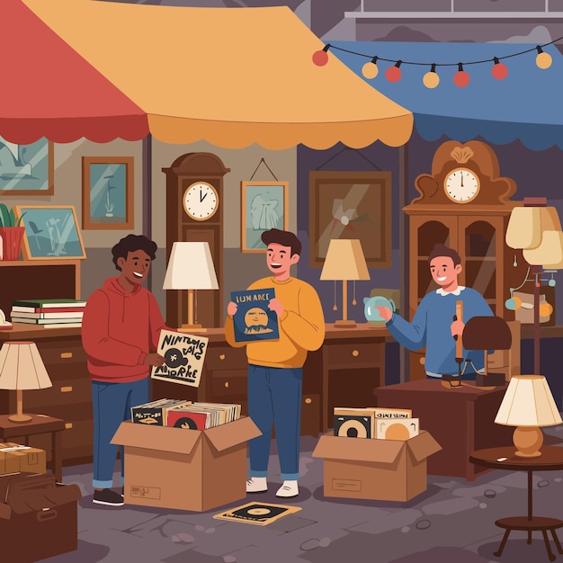 people browsing records and antiques at an outdoor flea market