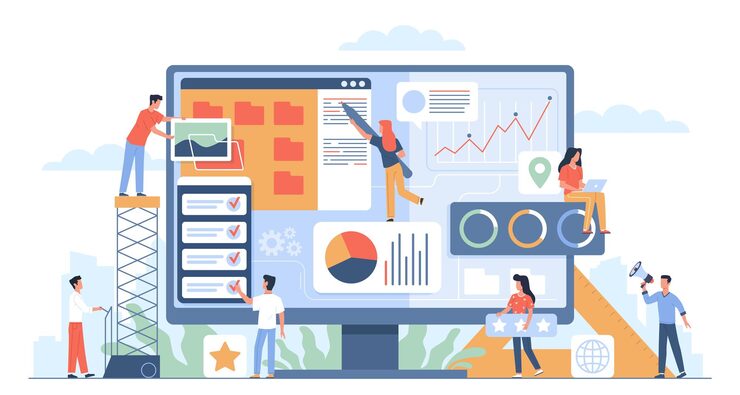Vector people build website developers create software designers and programmers work on project coordinated teamwork devops system vector application interface and content development