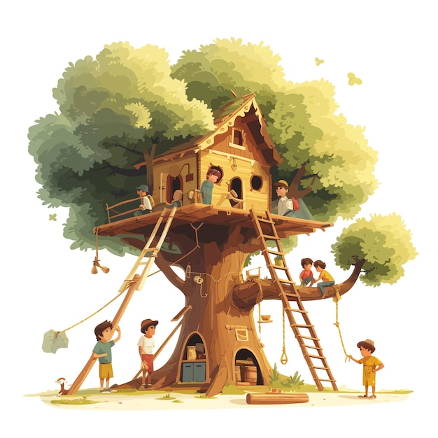 Vettore persone che costruiscono case sull'albero