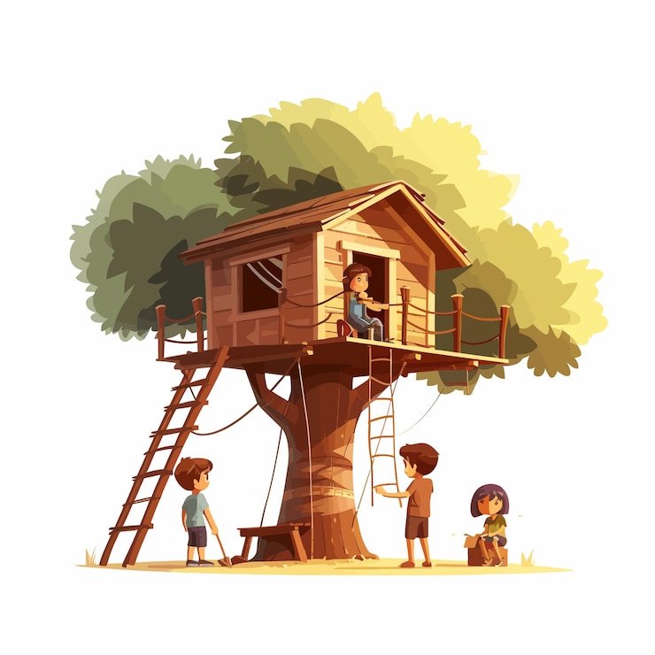 Vector people_building_tree_house_on_tree_trunk