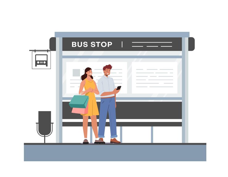 Vector people on bus station man and woman characters waiting commuter city transport isolated on white background