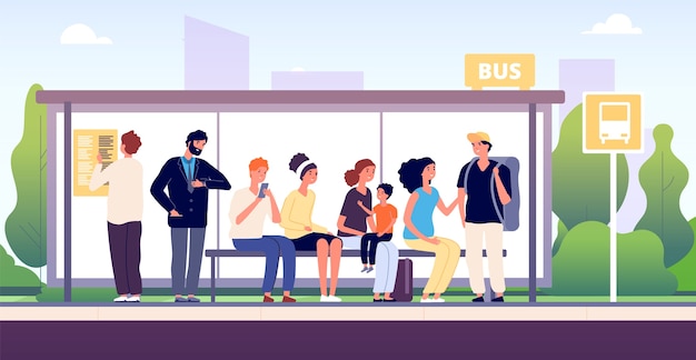 People at bus stop. City community transport, passengers waiting the buses standing together, urban public traffic cartoon 