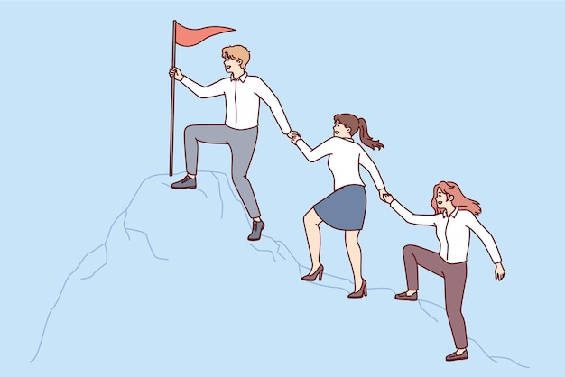 People in business attire climb mountain holding hands to reach flag at top Vector image