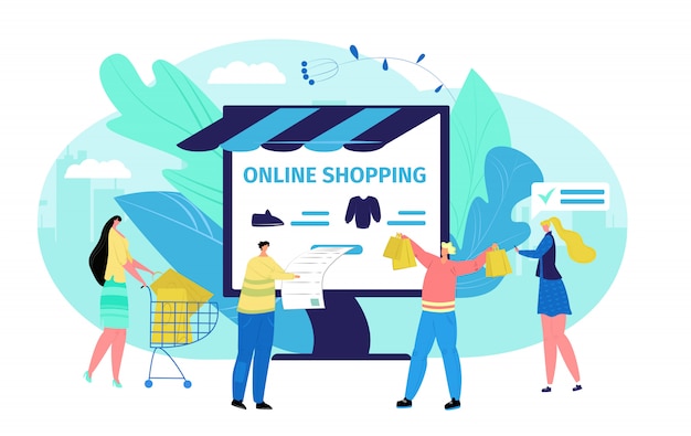 La gente al concetto online del deposito del computer aziendale, illustrazione. cliente su scala internet, donna uomo comprare vestiti. tecnologia per lo shopping commerciale, pagamento cartoon.