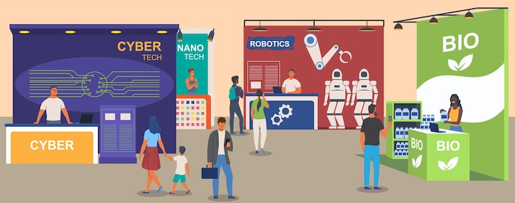 Vector people at business exhibition trade show for startupers cyber and nano tech work ecological and