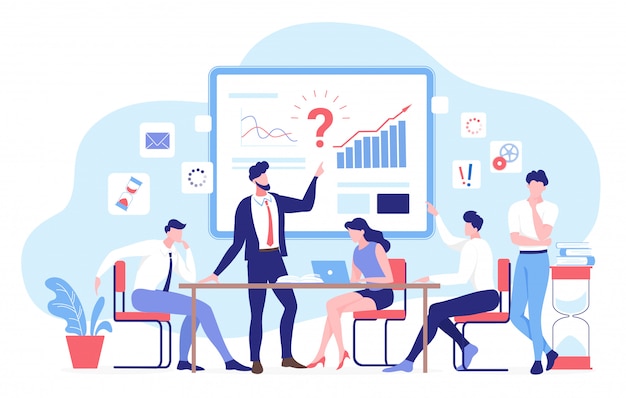 People in business teamwork  illustration. cartoon  characters team work on analysis of financial analytics report, search solution. business partnership, communication  on white