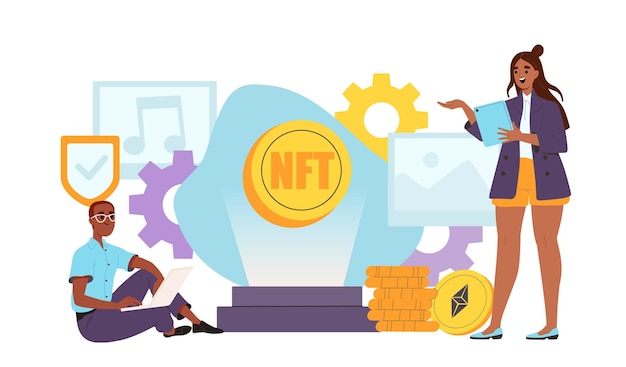 People buy nft concept man and woman with golden coins cryptocurrency bitcoin and altcoin investing