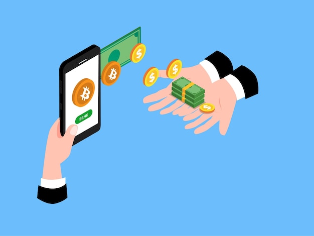 People buy and sell cryptocurrency or bitcoin with US dollar using a mobile phone