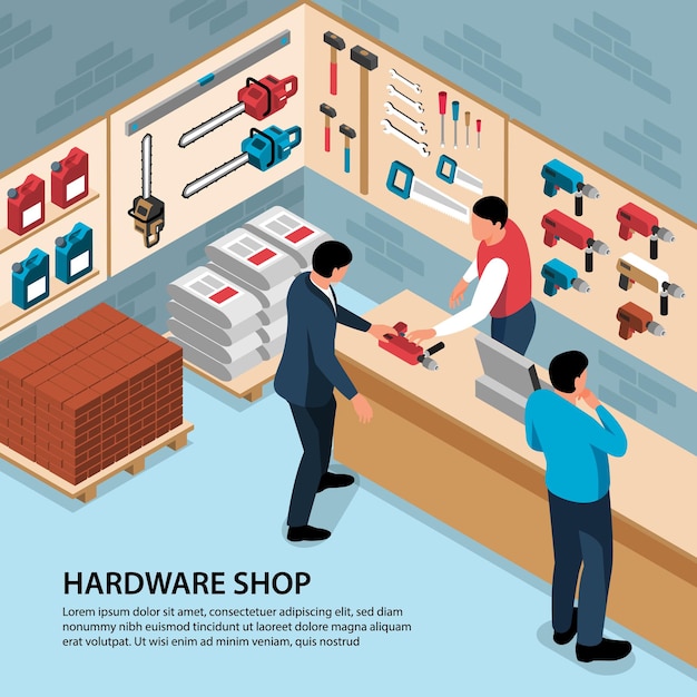 People buying building tools at hardware shop 3d isometric