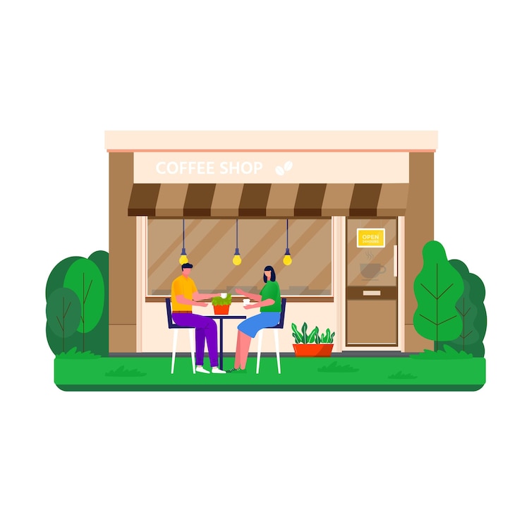 Vector people buying coffee. coffee shop, cafe. characters sitting at table and drink.