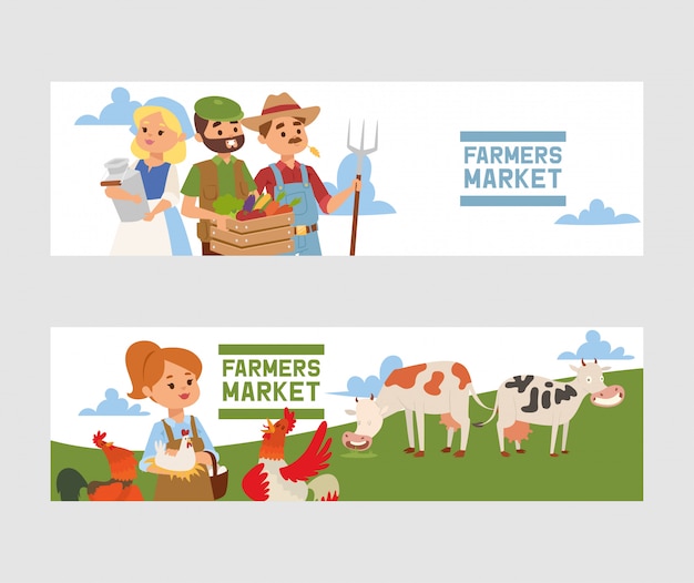 People buying fresh local vegetable from farm market banner illustration. 
