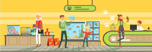 Vector people buying pets food products accessories and medicaments from pet store illustration in flat