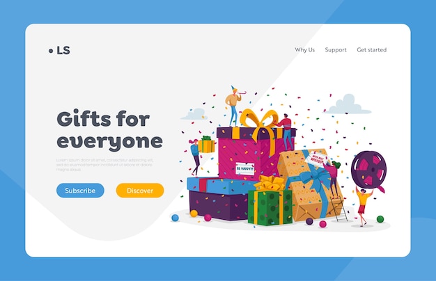 People buying presents for family and friends on holidays landing page template. happy men women carry wrapped gift boxes put in huge pile characters prepare for christmas. cartoon