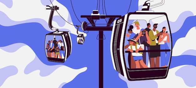 Vector people in cable cars of cableway happy tourists inside cabins of aerial rope way travel by suspended cablecars of ropeway transport looking down from sky height flat vector illustration