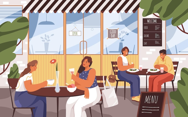 Vector people on cafe terrace or outside of restaurant vector flat illustration of street or urban cafeteria or bistro friends at outdoor bar drinking coffee and talking front or facade exterior view