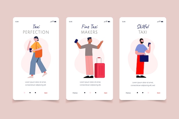 Vettore persone che richiedono schermate delle app mobili per il servizio taxi