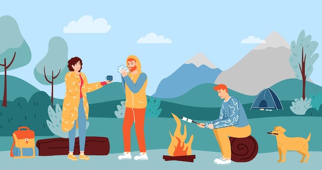 People camping Friends having rest outdoor Woman giving hot tea to male character Guy sitting on log and grilling