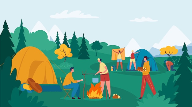 People camping Friends setting up tent male and female characters cooking food on fire Boy carrying firewood for bonfire Cartoon tourists having rest outdoor relaxing in forest vector