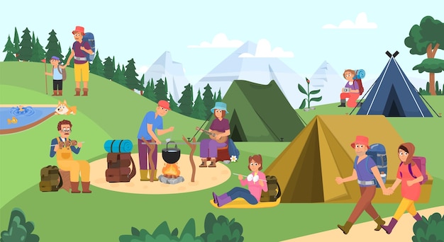 People in camping Girl forest vacation outdoor camp trip with backpack and tent Adult and children rest on nature adventures decent vector scene