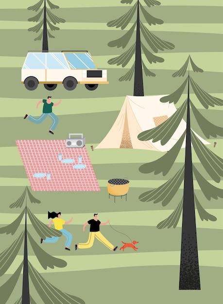 People camping scene forest landscape