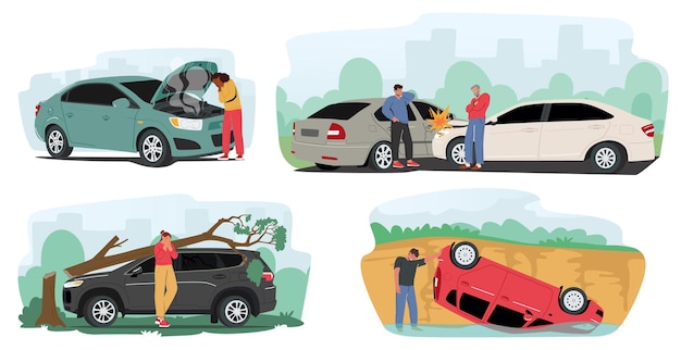 Vector people in car accident on road, driver characters stand on roadside with broken automobile, open hood and steam