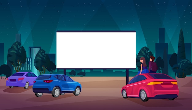 People in car cinema concept, watching movie open air movie theater background