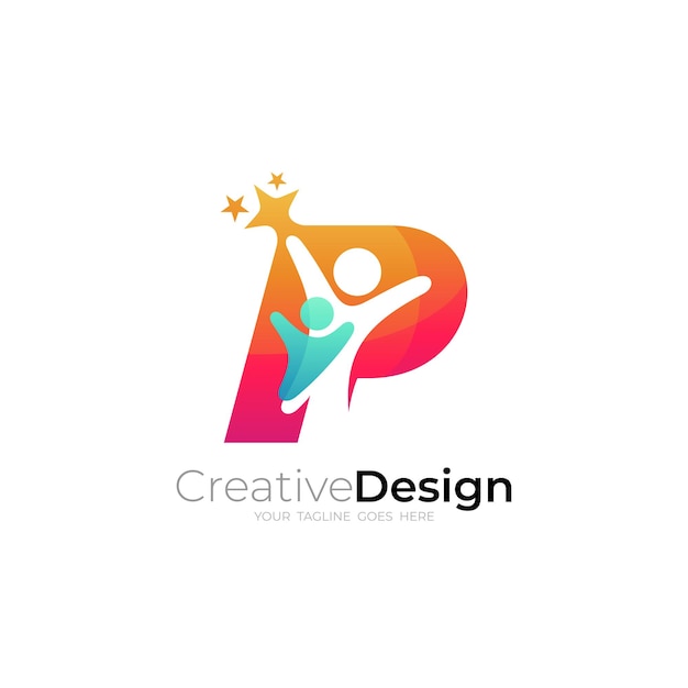 文字 P の人々 のケアのロゴ デザイン テンプレート ソーシャル