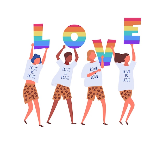 Люди, несущие письма love в цветах радуги, изолированы на белом фоне. лгбт-активисты в костюмах принимают участие в параде гордости, уличном марше. векторная иллюстрация в плоском мультяшном стиле.