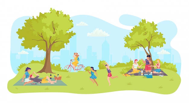 La gente al picnic del fumetto, illustrazione felice di svago del parco. paesaggio della natura di estate e stile di vita familiare alla città all'aperto. attività uomo donna vicino albero, fine settimana personaggio di gruppo.