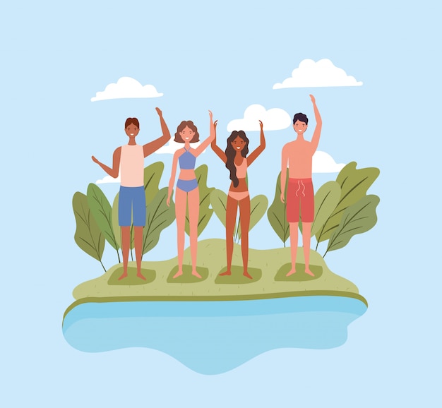 Vector people cartoons with swimsuits at beach