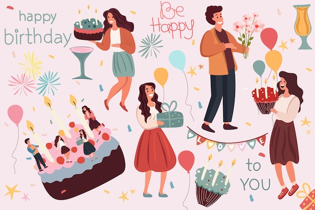 사람들은 생일을 축하합니다 친구들이 선물과 케이크를 들고 남자와 여자가 함께 기쁨을 나눕니다