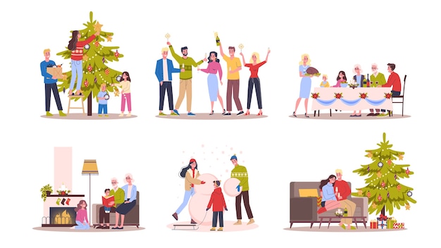 Вектор Люди празднуют набор рождества и нового года. семья на зимнем празднике и рождественской елке. иллюстрация в стиле