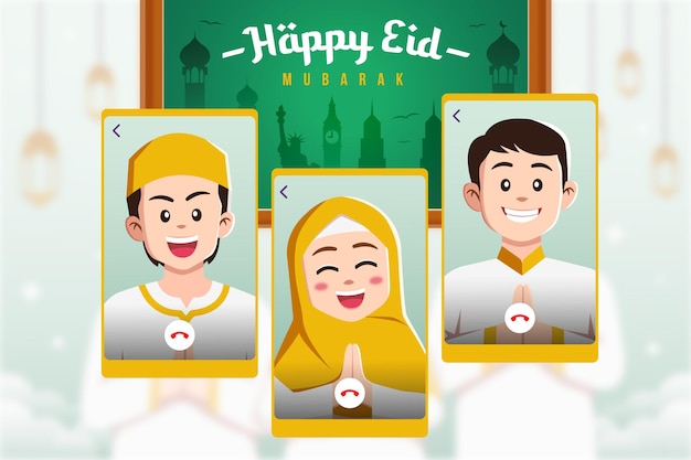 People celebrate eid mubarak with video call in landscape flat design illustration