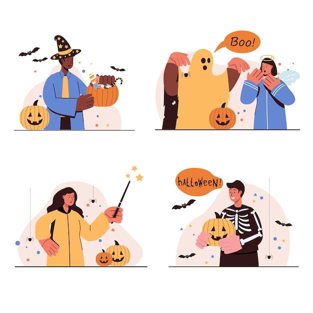 La gente celebra il set di scene isolate del concetto di halloween. uomini e donne in costumi festivi di strega, fantasma, angelo, scheletro si divertono alla festa spettrale. illustrazione vettoriale in design piatto