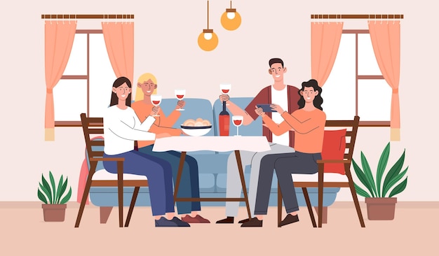 People celebrate holiday concept Men and women sitting at table with glasses of wine Friends at festival party or event Guys and girls with alcoholic drinks Cartoon flat vector illustration