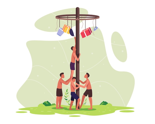 People celebrate Indonesia independence day. Indonesia traditional games during independence day. Participants teams working together to climb to get a prize on top of a pole. Vector in a flat style