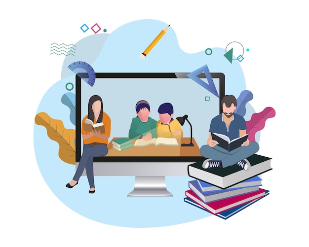 People celebrate literacy day and happy student day by working on computers and reading books