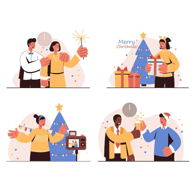 People celebrate Merry Christmas concept isolated scenes set. Men and women having fun at holiday party, giving gifts, drinking and taking photo by festive tree. Vector illustration in flat design