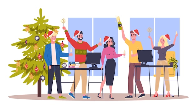 Vector people celebrate new year and christmas in the office. business party, character in santa claus hat.  illustration in cartoon style