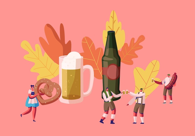 People Celebrate Oktoberfest Festival. Cartoon Flat  Illustration