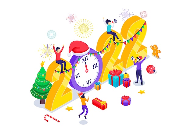 Люди празднуют Новый год возле большого числа 2022 года с подарочными коробками и фейерверком изометрической иллюстрацией
