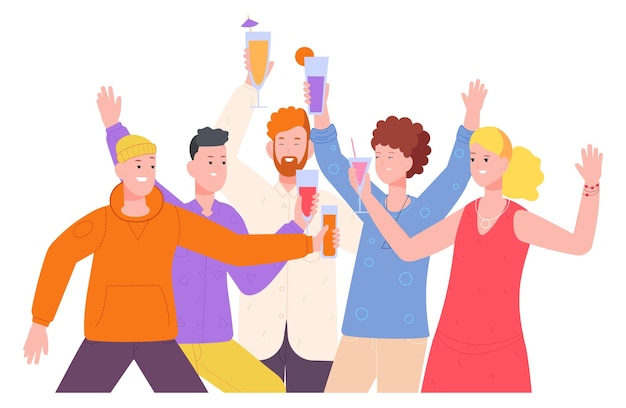 People celebrating cheers with cocktail glasses party characters