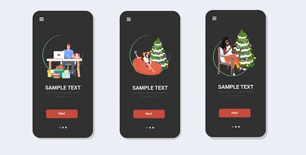 People celebrating merry christmas app template set