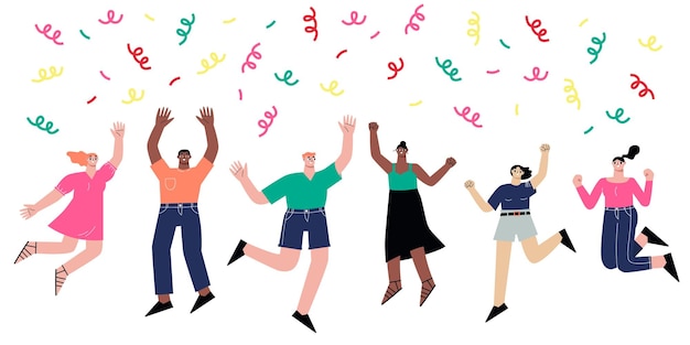 Vector people celebrating win jumping under confetti happy joyful students contemporary teens or adults celebrate modern flat sapid vector characters team people happy illustration