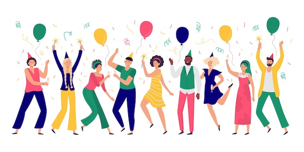 People celebrating. Young men and women dance at celebration party, joyful balloons and confetti  illustration