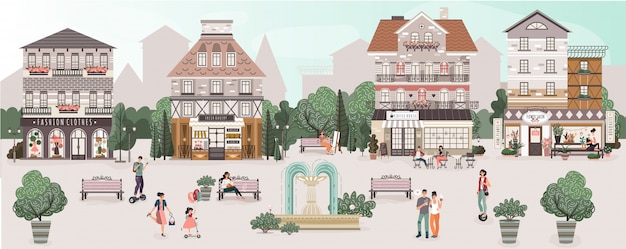 Vector people on central square of cute old town, illustration