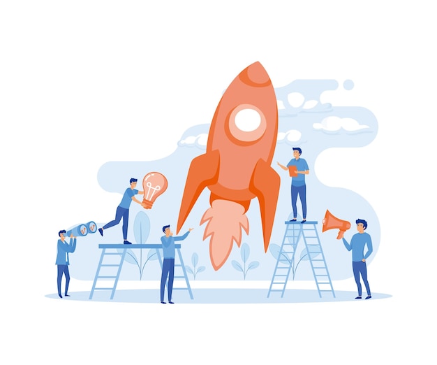 People challenge teamwork Growth with rocket investment services flat vector modern illustration