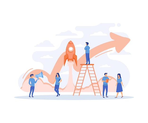 People challenge teamwork up Business analytics in cloud arrow leadership company Growth with rocket investment service flat vector modern illustration