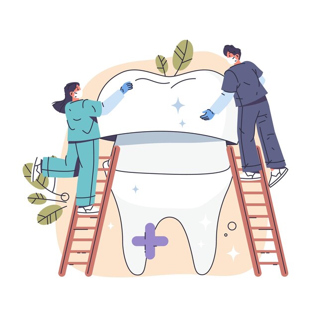people character doing dental crown procedure vector tooth restoration and enamel protection oral